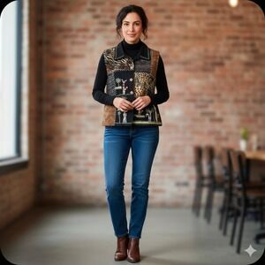 Life Style Patchwork Animal Print Embroidered Vest Women's XL Bohemian Egyptian